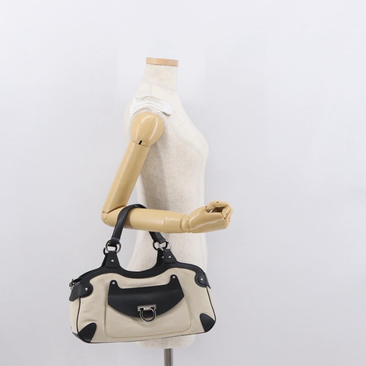 Salvatore Ferragamo Gancini Hand Bag Canvas Ivory Silver Auth 165851