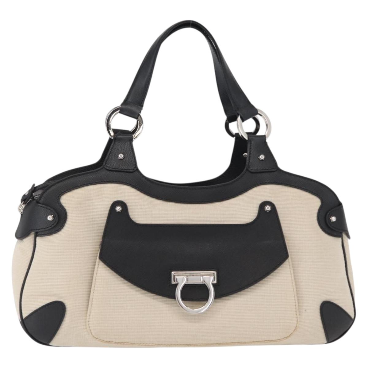 Salvatore Ferragamo Gancini Hand Bag Canvas Ivory Silver Auth 165851