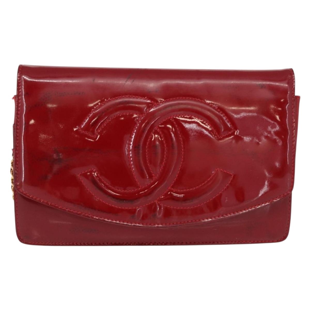 CHANEL COCO Mark Chain Shoulder Bag Patent leather Red Gold CC Auth 165902A