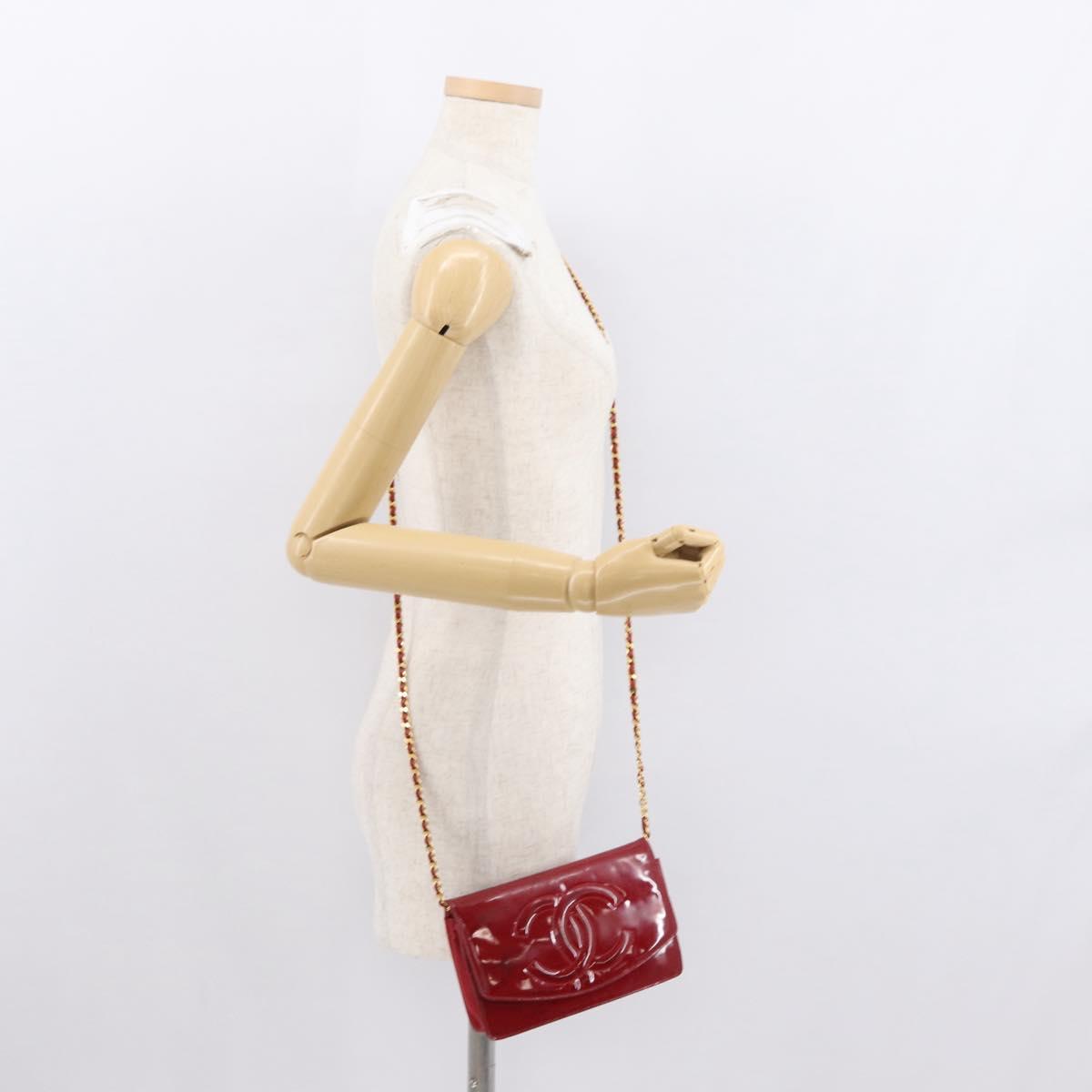 CHANEL COCO Mark Chain Shoulder Bag Patent leather Red Gold CC Auth 165902A