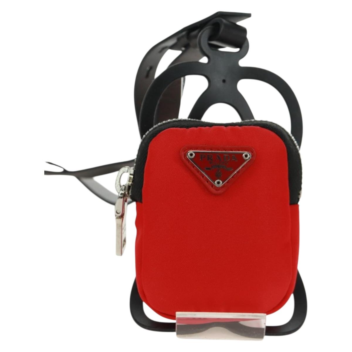 PRADA Phone Holder Neck Pouch Nylon Red Silver Auth 165922V