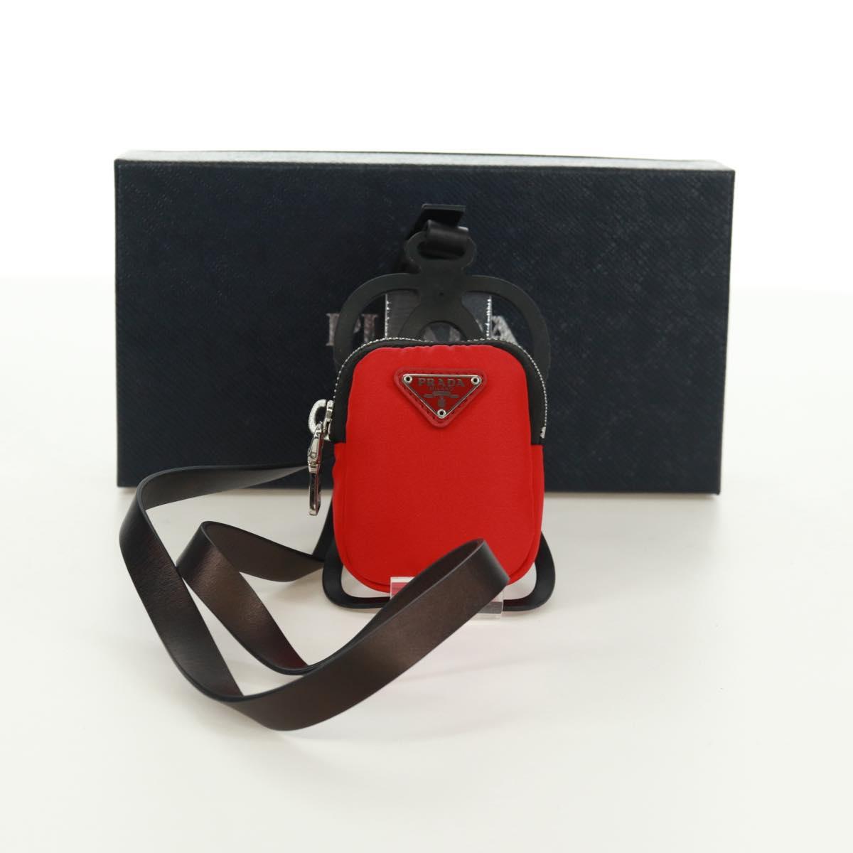 PRADA Phone Holder Neck Pouch Nylon Red Silver Auth 165922V