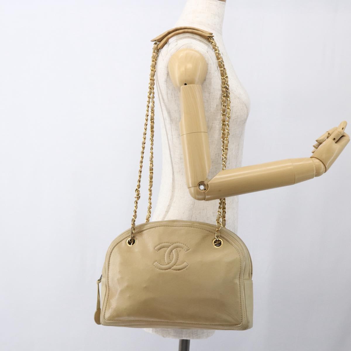 CHANEL Chain Shoulder Bag Lamb Skin Beige Gold CC Auth 165944