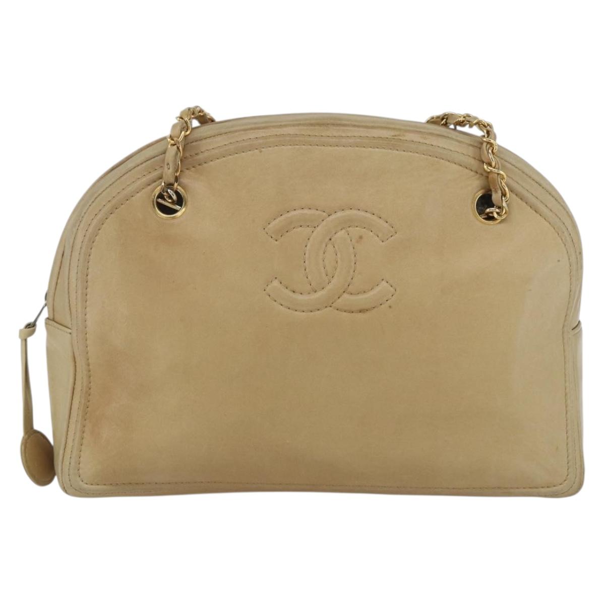 CHANEL Chain Shoulder Bag Lamb Skin Beige Gold CC Auth 165944