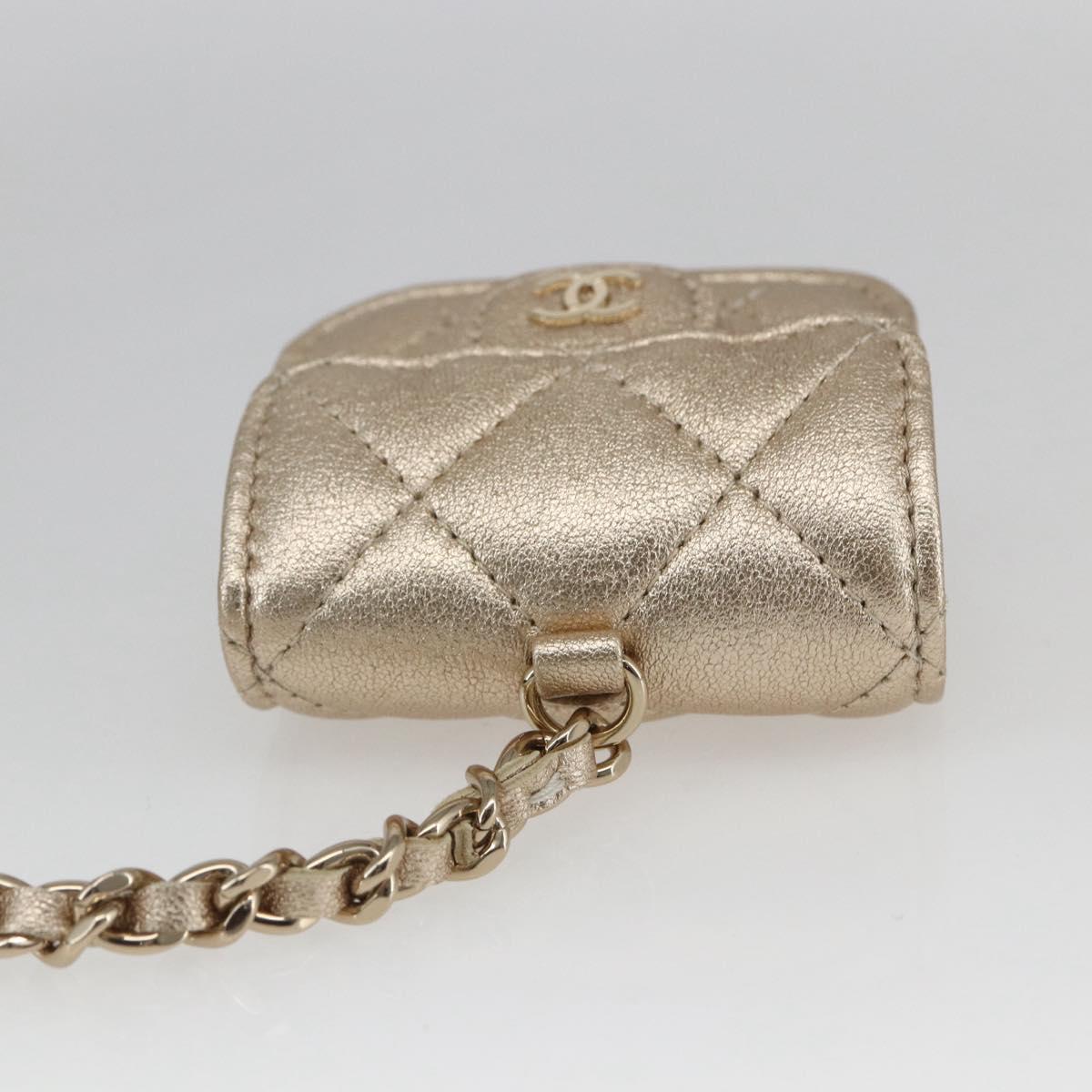 CHANEL Matelasse Air Pods case Coin Purse Lamb Skin Gold CC Auth 165948SM