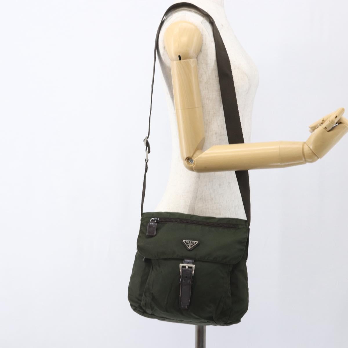 PRADA Shoulder Bag Nylon Khaki Silver Auth 165971