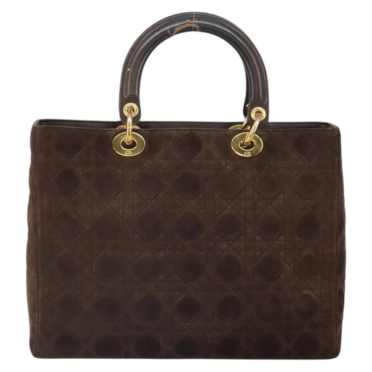 Christian Dior Lady Dior Canage Hand Bag Suede Brown Gold Auth 165978