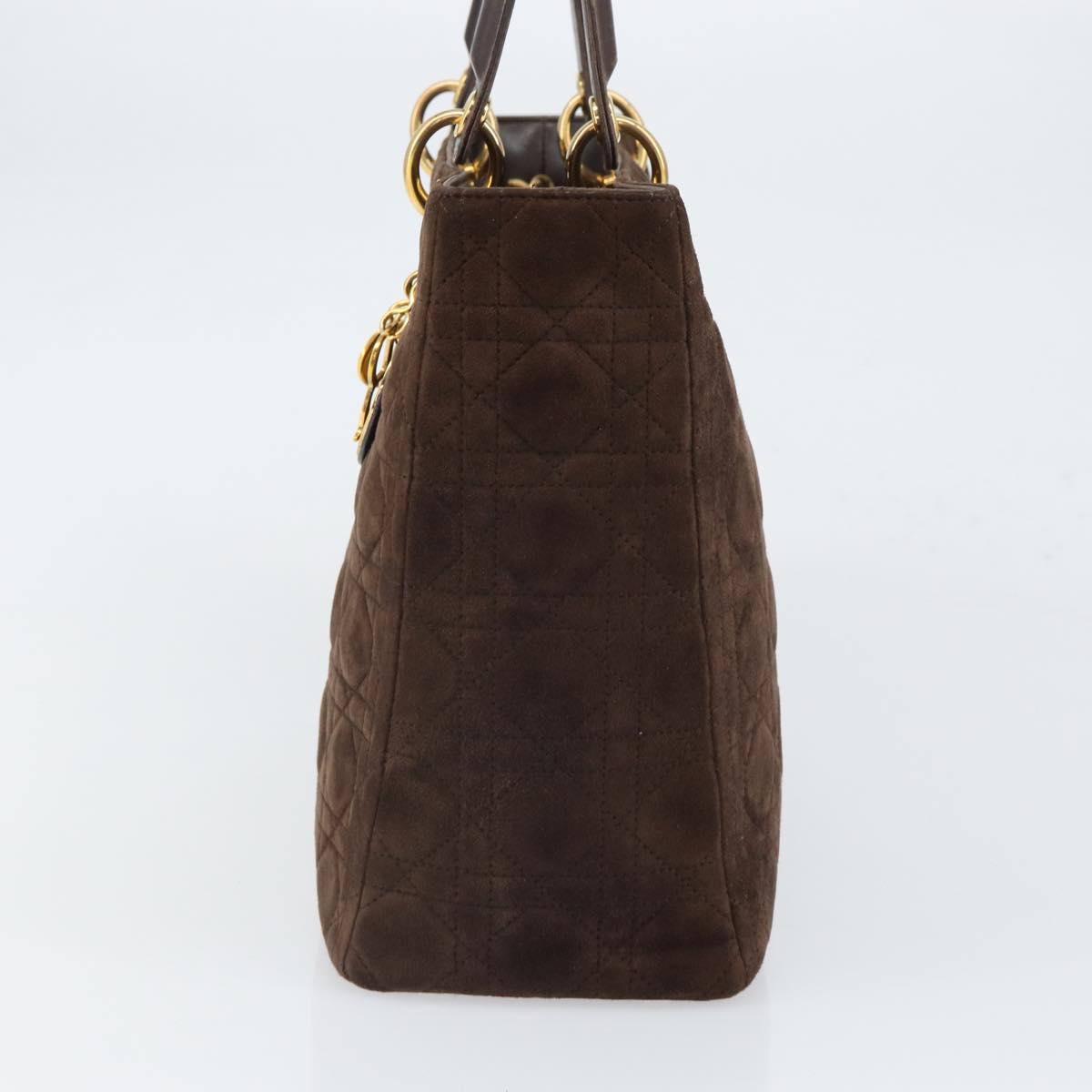 Christian Dior Lady Dior Canage Hand Bag Suede Brown Gold Auth 165978