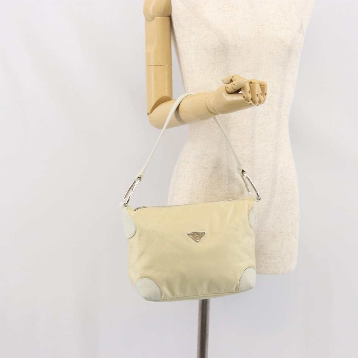 PRADA Shoulder Bag Nylon Leather Ivory Silver Auth 166005