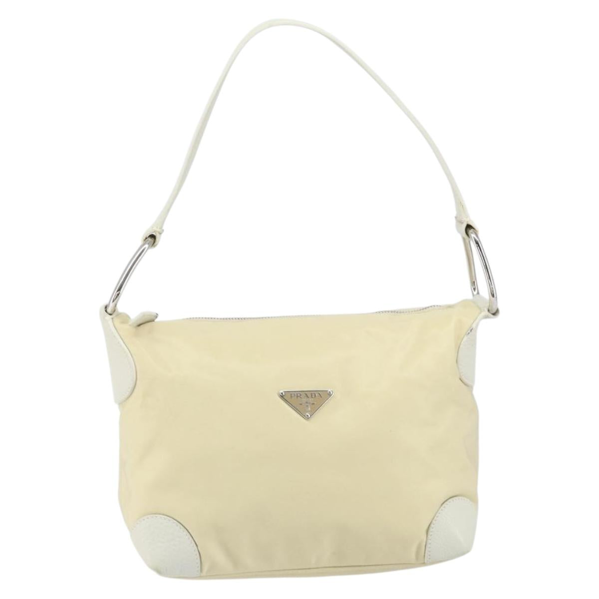 PRADA Shoulder Bag Nylon Leather Ivory Silver Auth 166005