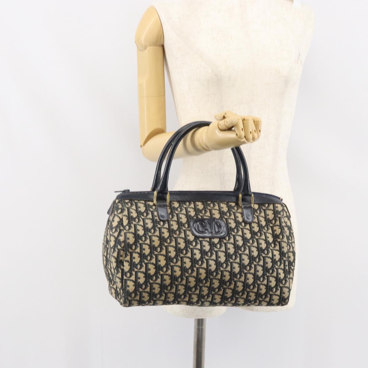Christian Dior Trotter Canvas Boston Bag Navy Gold Auth 166011