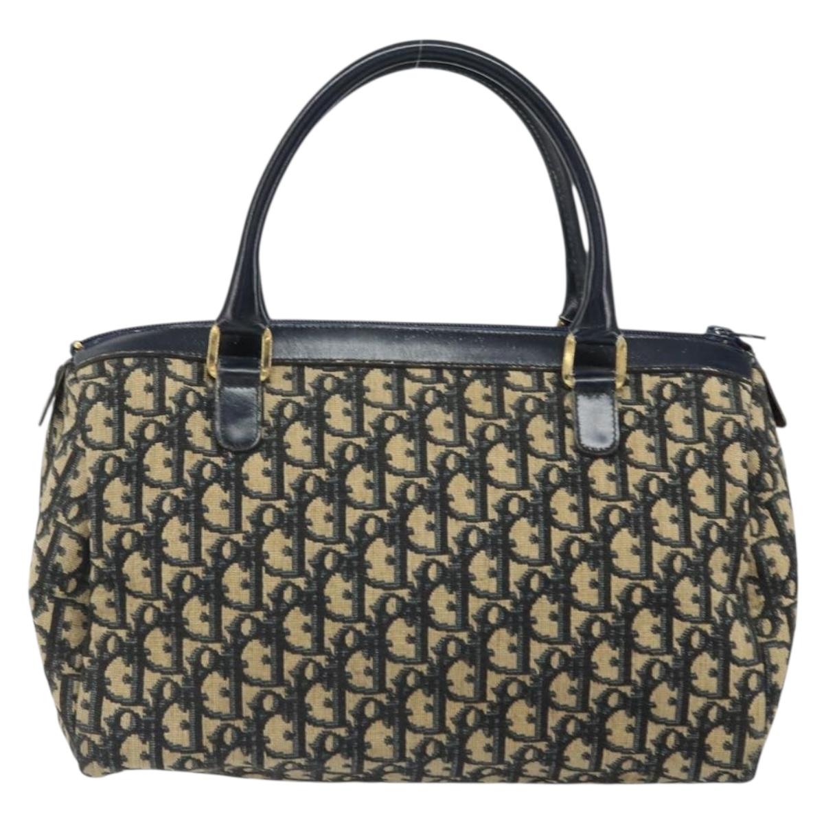 Christian Dior Trotter Canvas Boston Bag Navy Gold Auth 166011