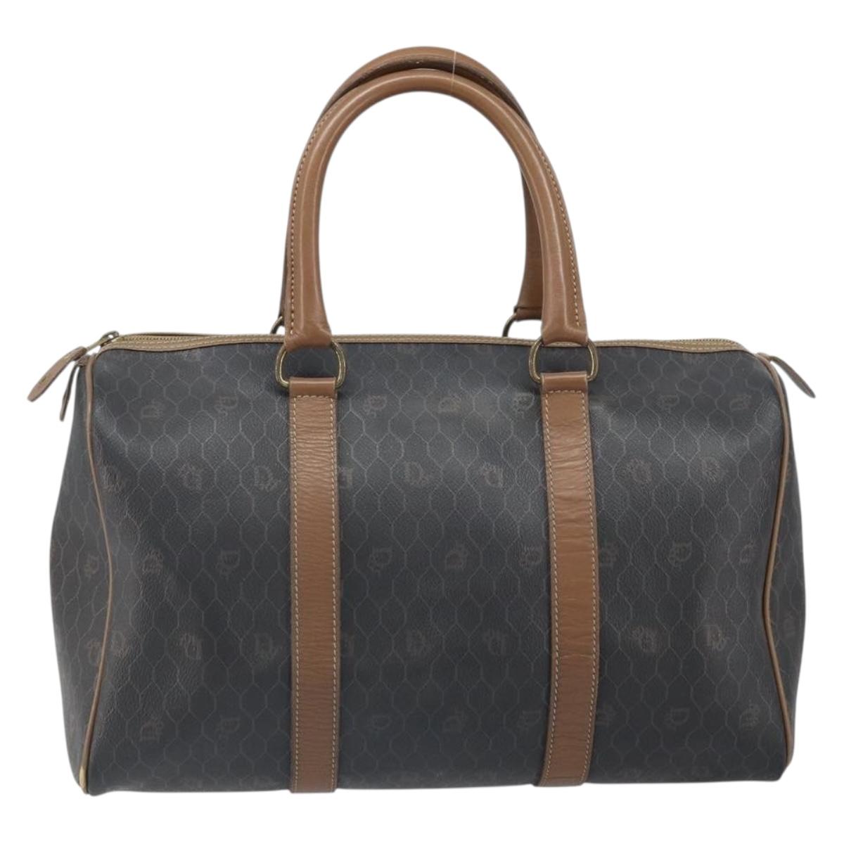 Christian Dior Honeycomb Canvas Boston Bag PVC Black Gold Auth 166030