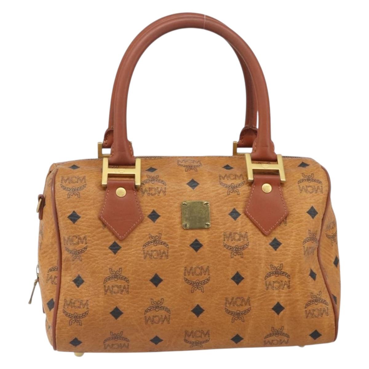 MCM Vicetos Logogram Boston Bag PVC Leather Brown Gold Auth 166071
