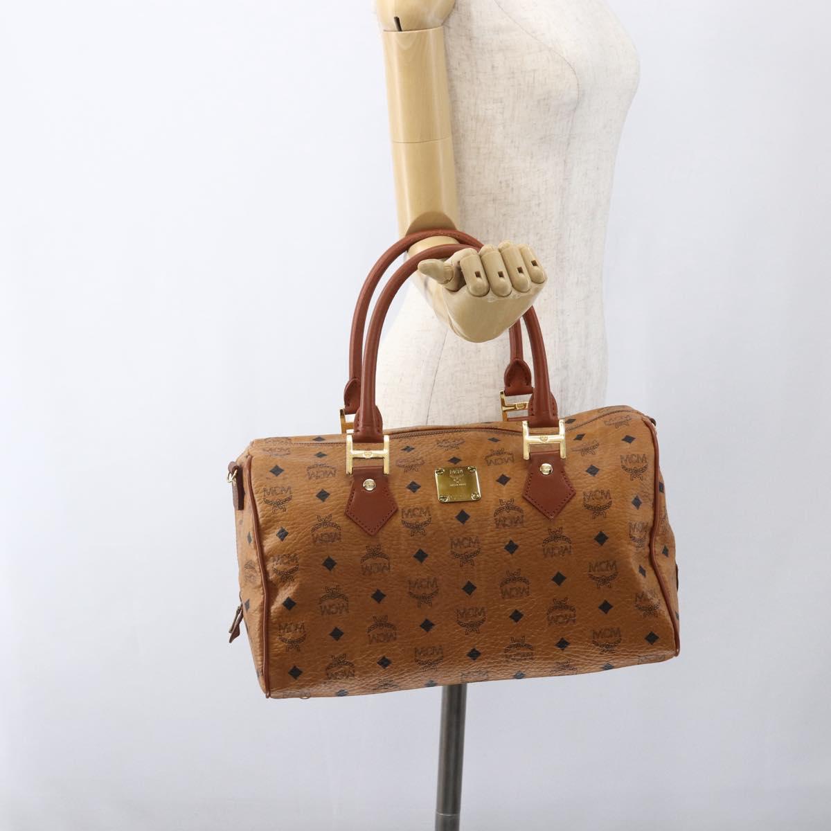 MCM Vicetos Logogram Boston Bag PVC Leather Brown Gold Auth 166091A