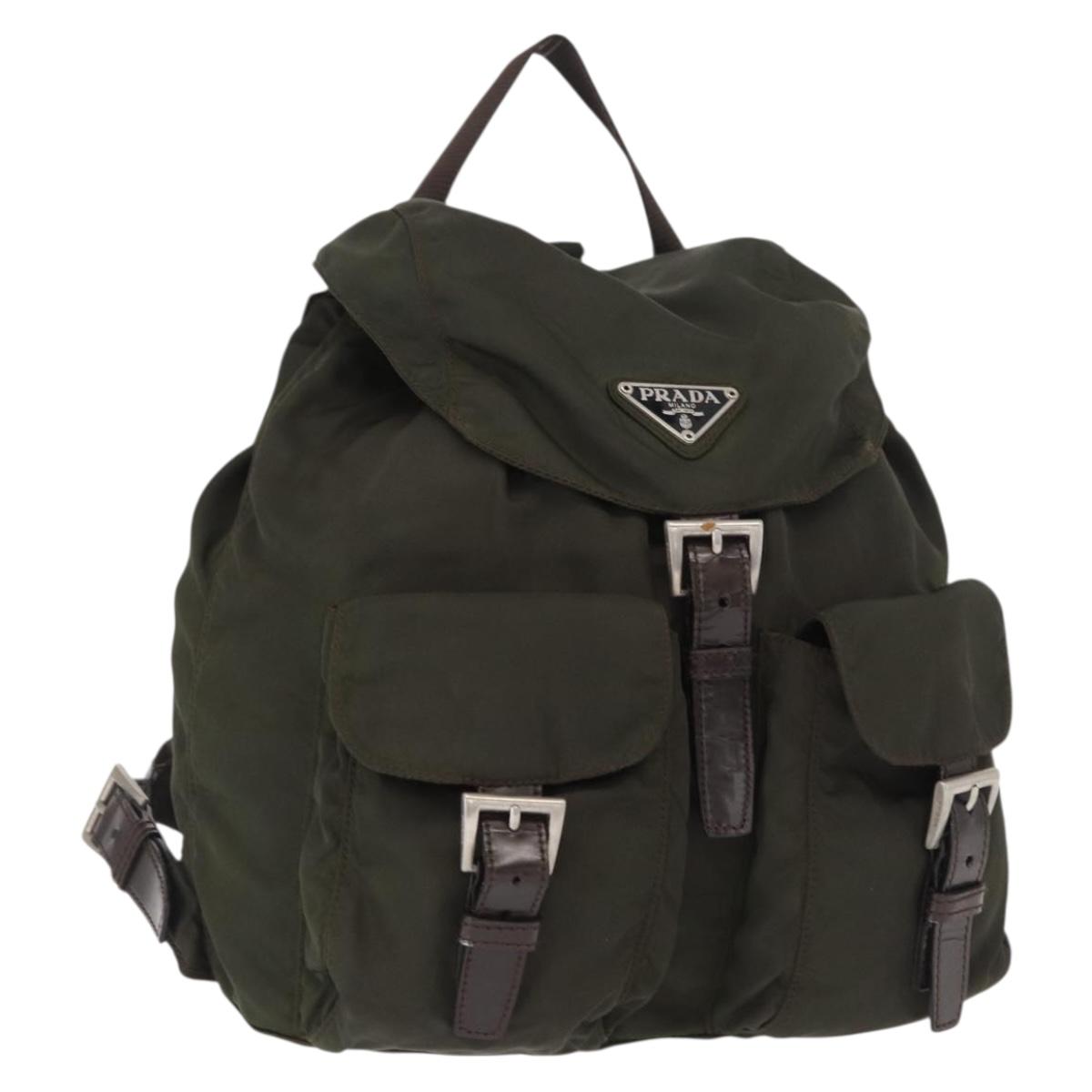 PRADA Backpack Nylon Khaki Silver Auth 166105