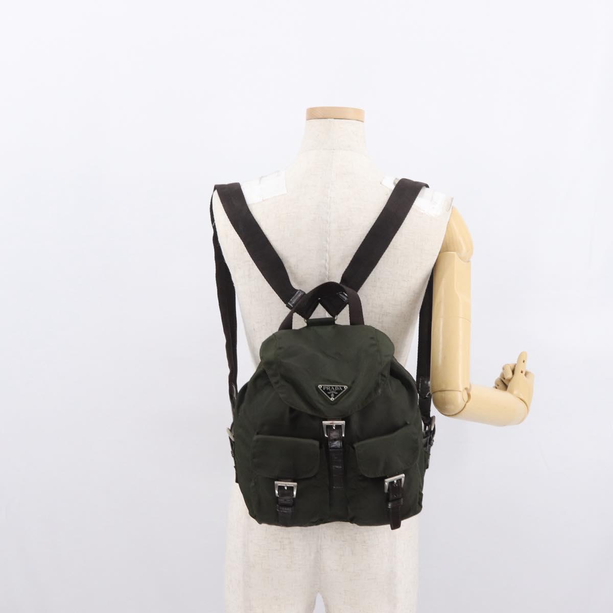 PRADA Backpack Nylon Khaki Silver Auth 166105