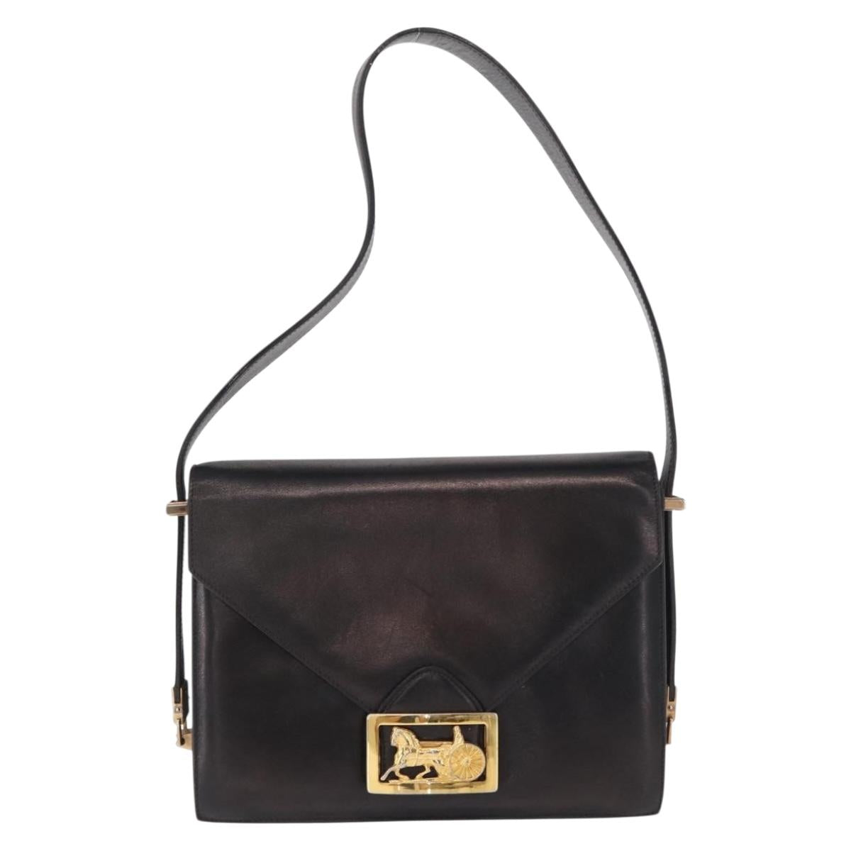 CELINE Horse Carriage Shoulder Bag Leather Black Gold Auth 166146