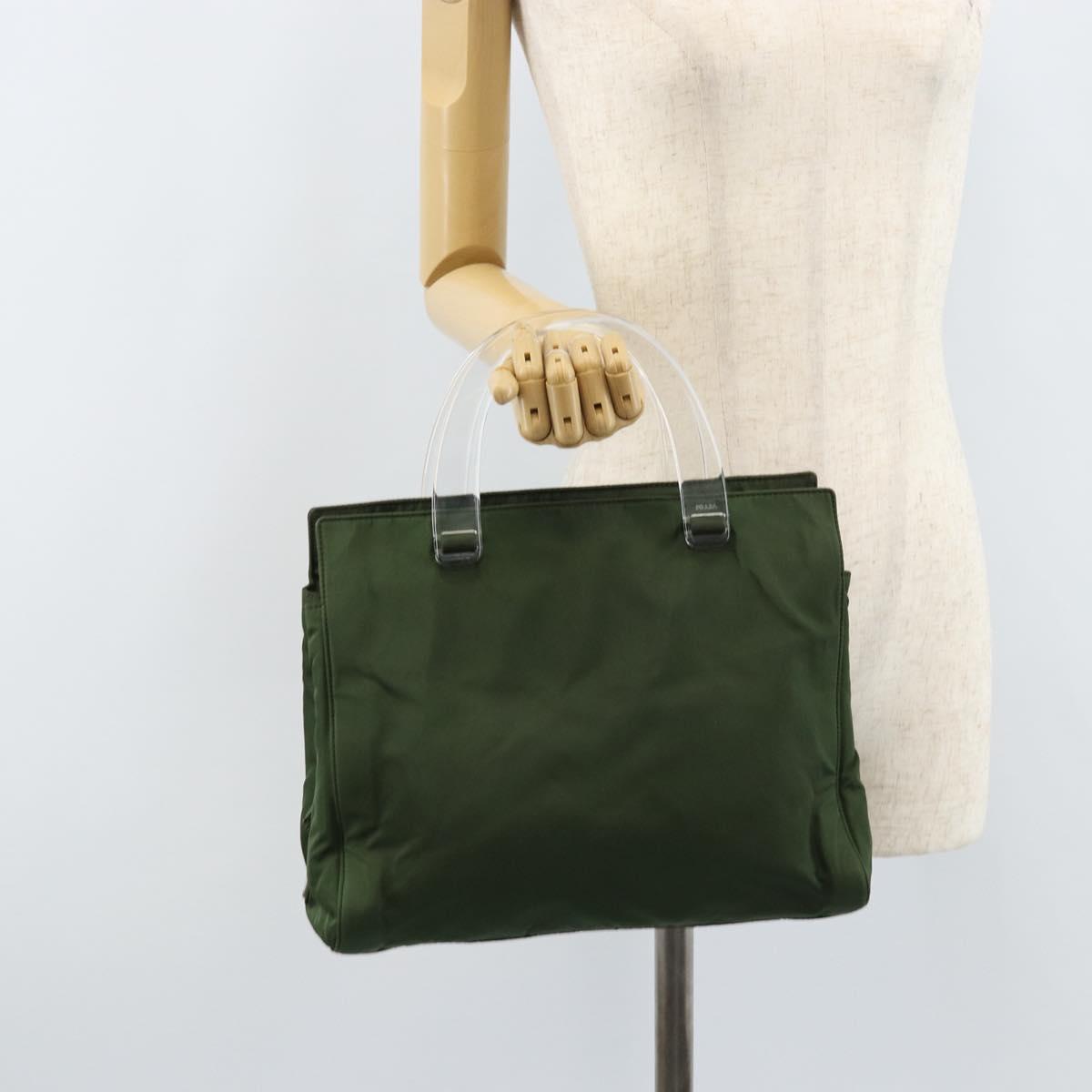 PRADA Hand Bag Nylon Khaki Silver Auth 166225