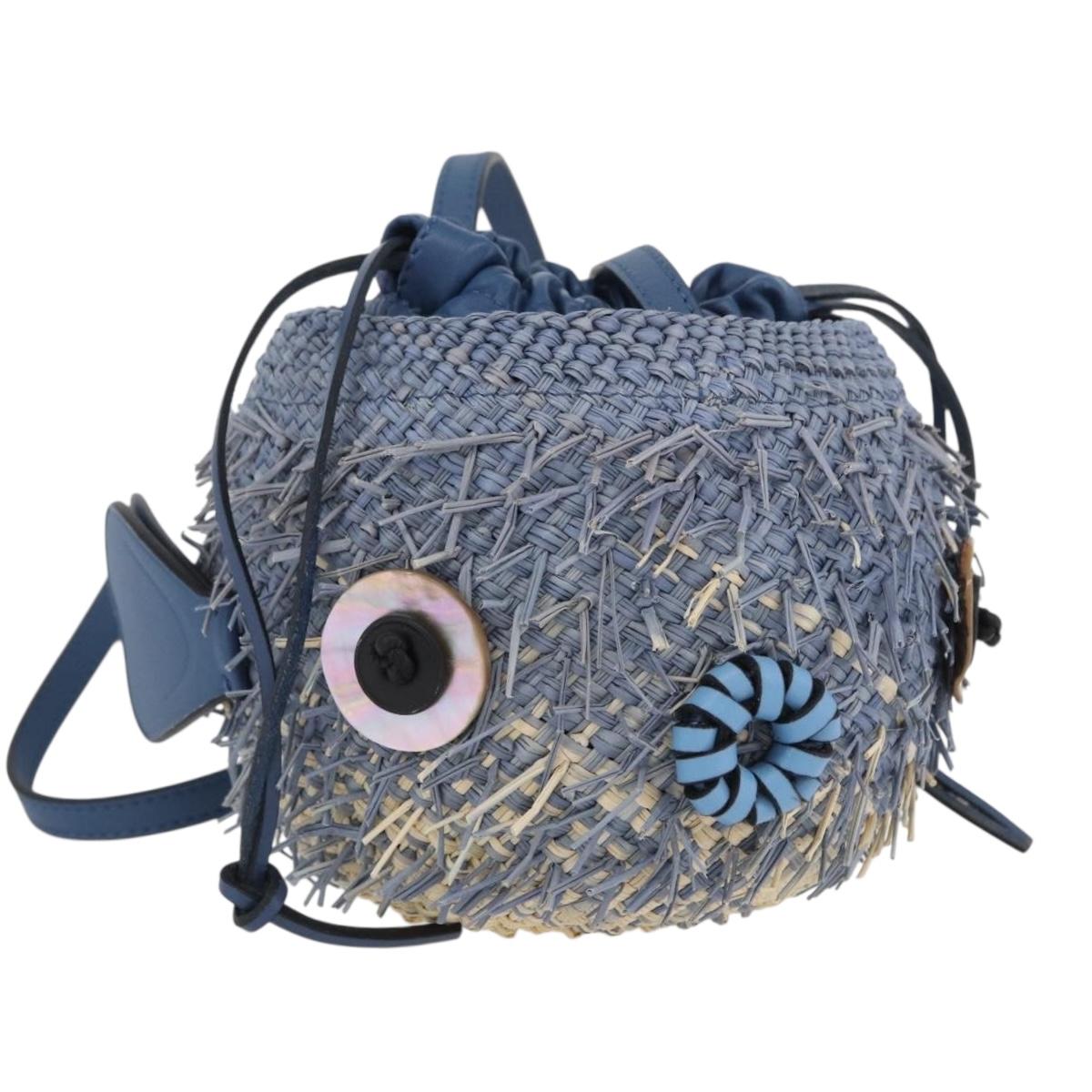 LOEWE Basket Bag Blow Fish Shoulder Bag Raffia Light Blue Auth 166244SM