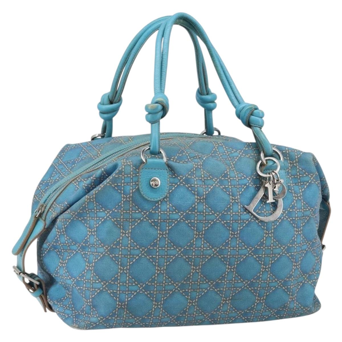 Christian Dior Panarea Boston Bag Coated Canvas Blue Silver Auth 166280