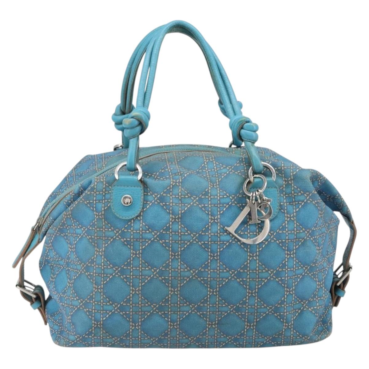 Christian Dior Panarea Boston Bag Coated Canvas Blue Silver Auth 166280