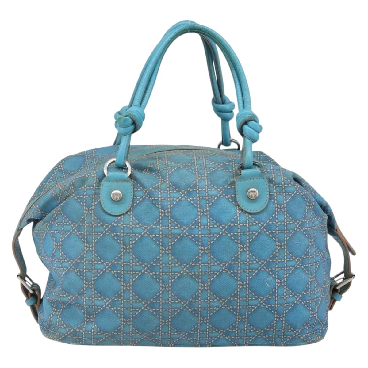 Christian Dior Panarea Boston Bag Coated Canvas Blue Silver Auth 166280