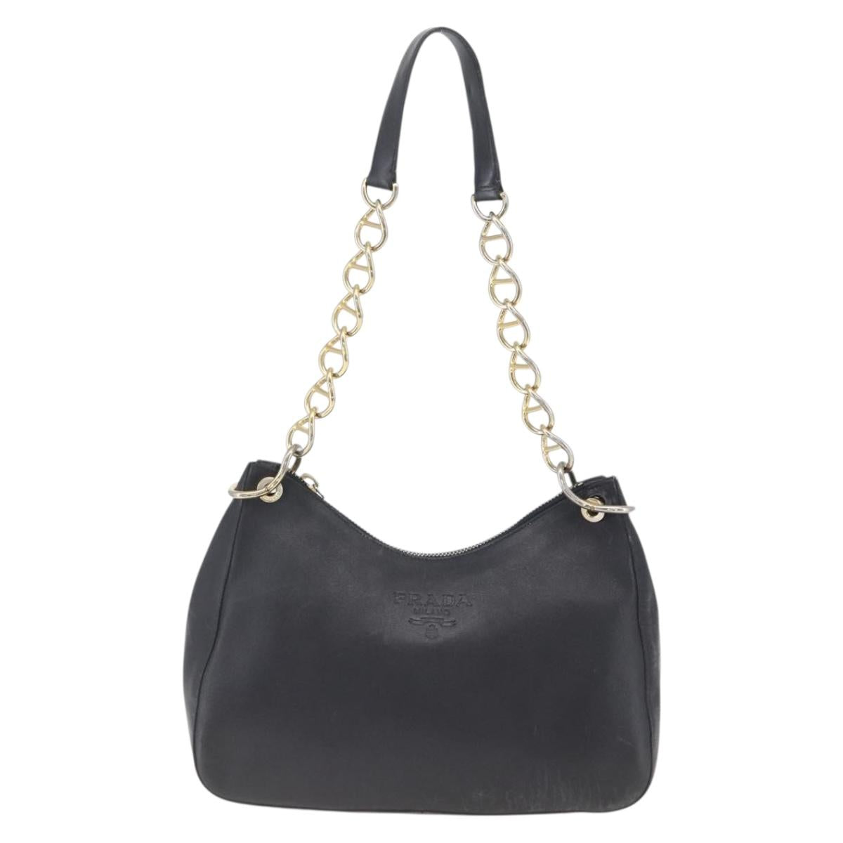 PRADA Chain Shoulder Bag Leather Black Gold Auth 166283