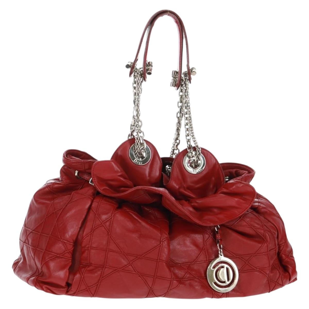 Christian Dior Canage Chain Shoulder Bag Leather Red Silver Auth 166291