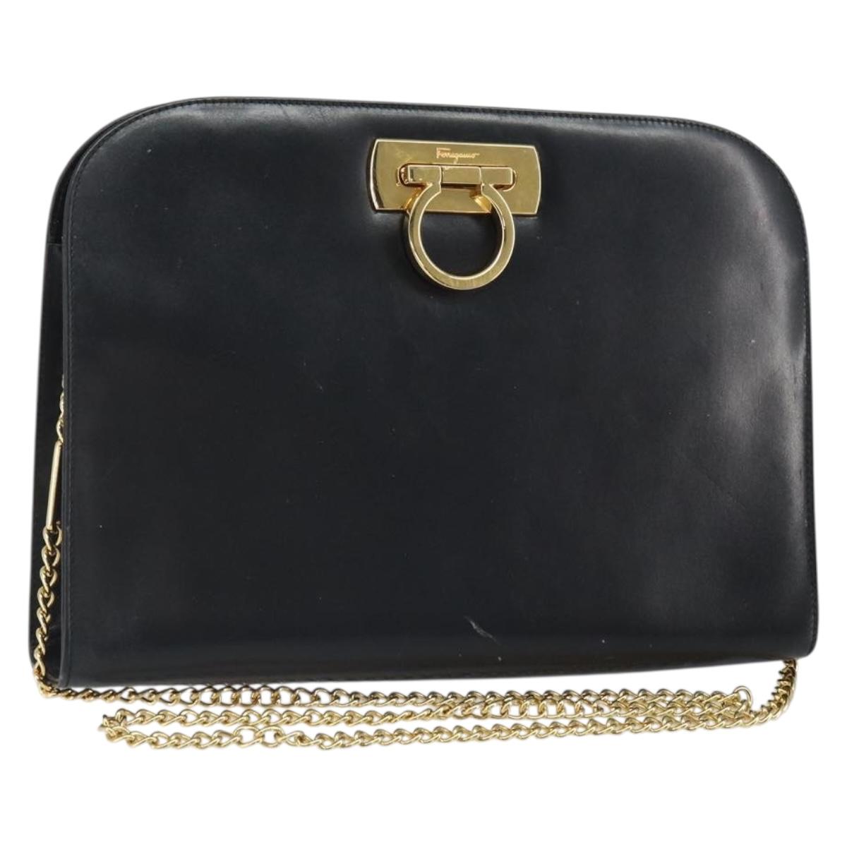 Salvatore Ferragamo Gancini Chain Shoulder Bag Leather Black Gold Auth 166295