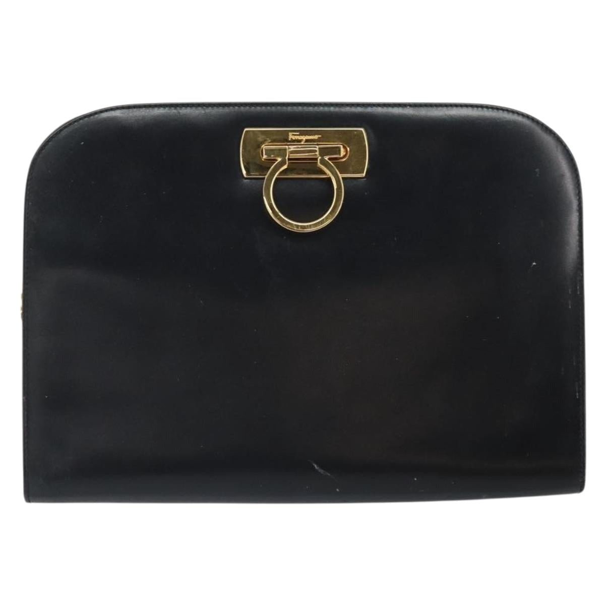 Salvatore Ferragamo Gancini Chain Shoulder Bag Leather Black Gold Auth 166295
