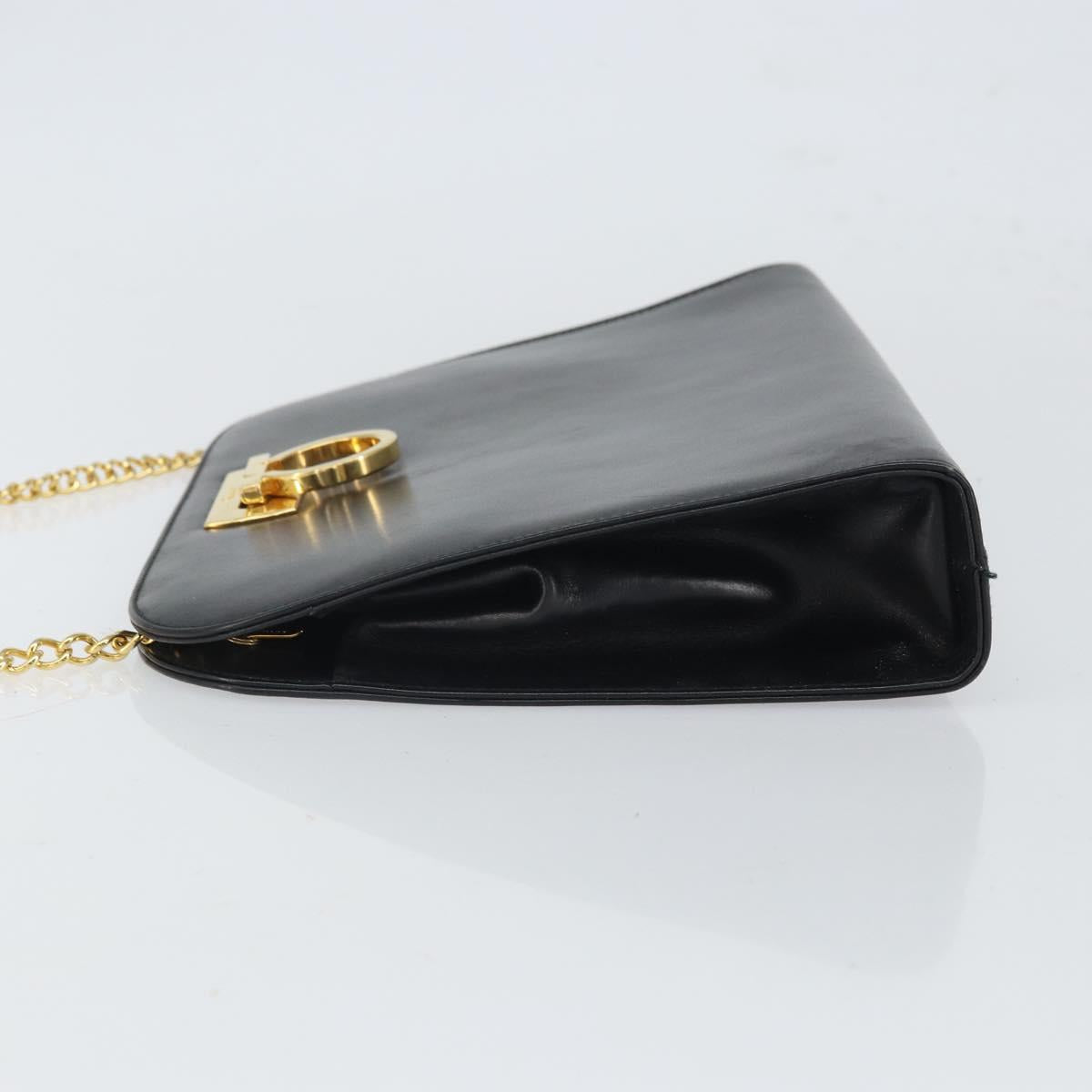 Salvatore Ferragamo Gancini Chain Shoulder Bag Leather Black Gold Auth 166295