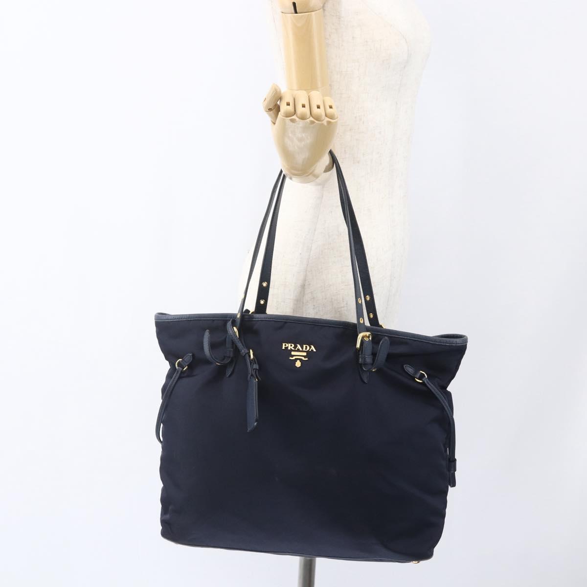 PRADA Tote Bag Nylon Navy Gold Auth 166304