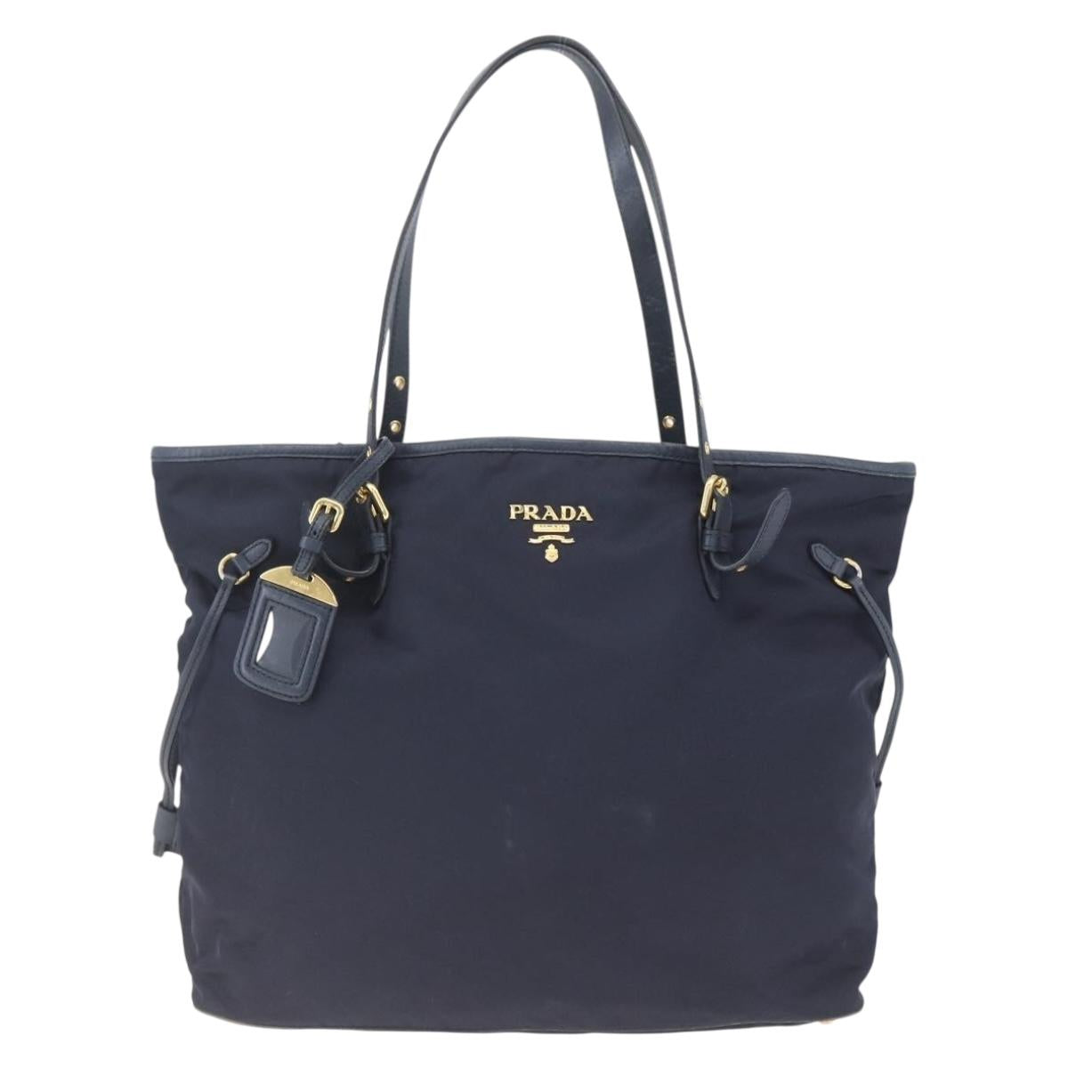 PRADA Tote Bag Nylon Navy Gold Auth 166304