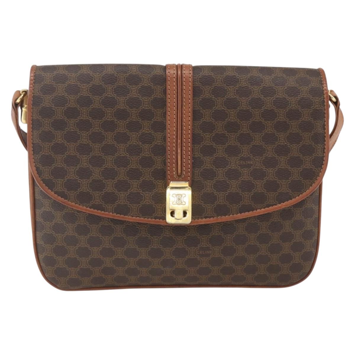 CELINE Macadam Canvas Shoulder Bag PVC Leather Brown Gold Auth 166352