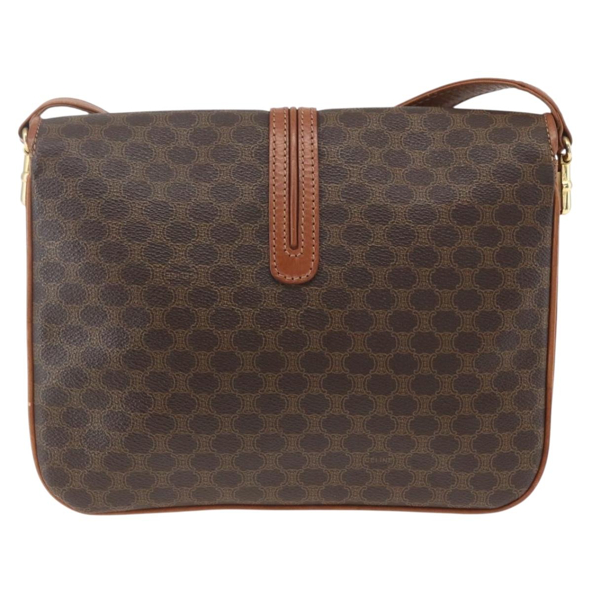 CELINE Macadam Canvas Shoulder Bag PVC Leather Brown Gold Auth 166352