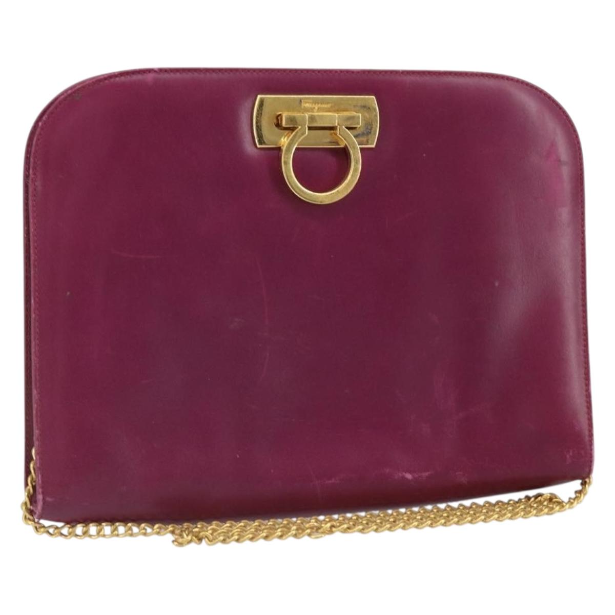 Salvatore Ferragamo Chain Gancini Shoulder Bag Leather Purple Gold Auth 166354