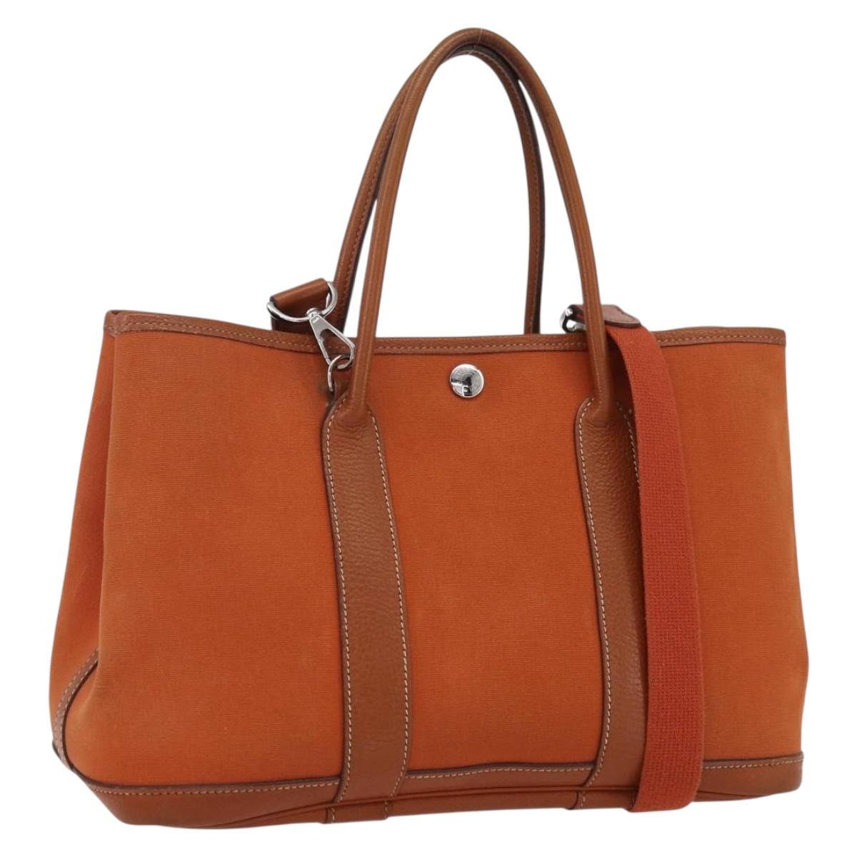 HERMES Garden Party TPM Hand Bag Canvas 2way Orange Silver Auth 166360V
