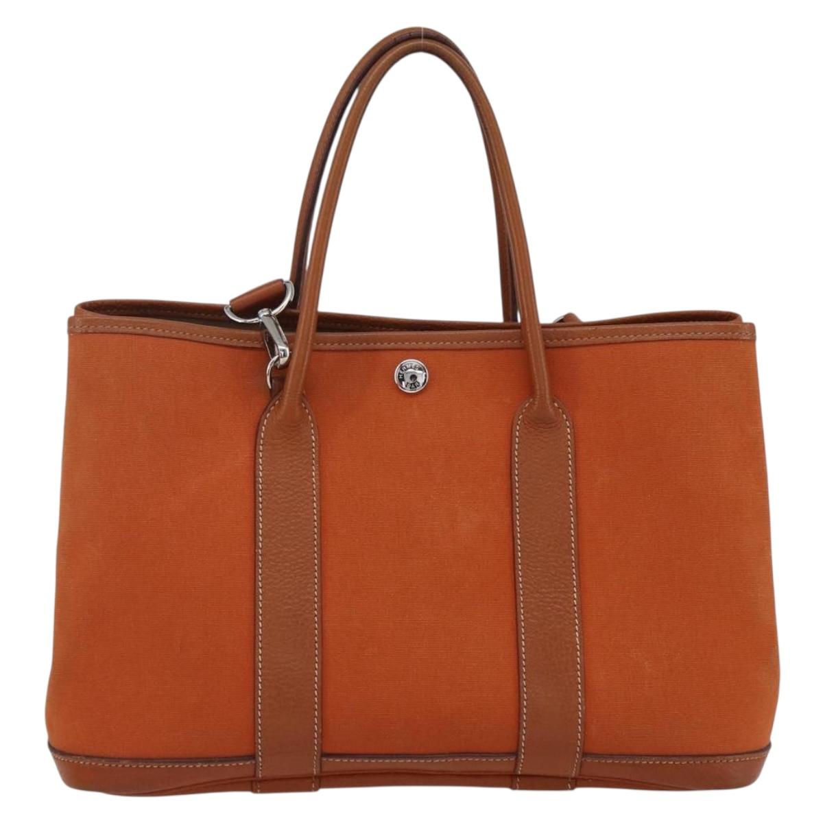 HERMES Garden Party TPM Hand Bag Canvas 2way Orange Silver Auth 166360V
