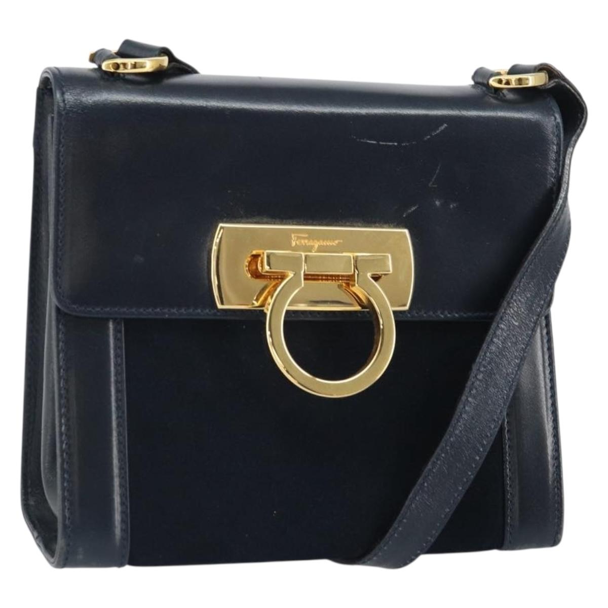 Salvatore Ferragamo Gancini Shoulder Bag Leather Navy Gold Auth 166375