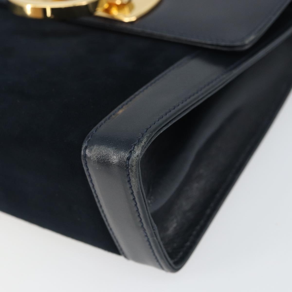 Salvatore Ferragamo Gancini Shoulder Bag Leather Navy Gold Auth 166375