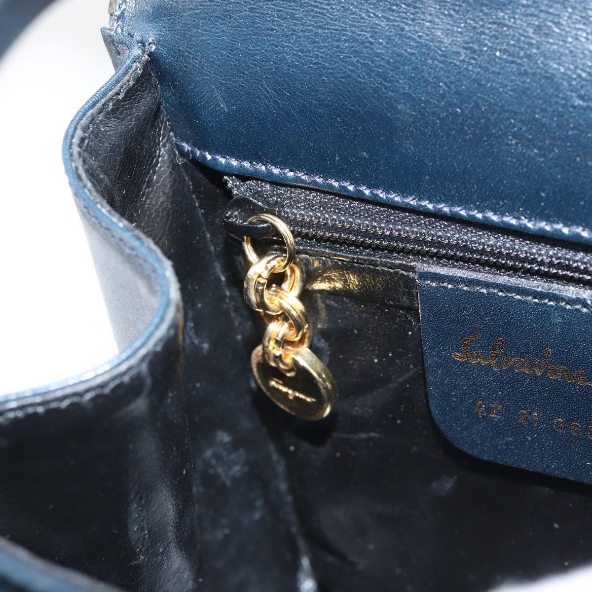 Salvatore Ferragamo Gancini Shoulder Bag Leather Navy Gold Auth 166375