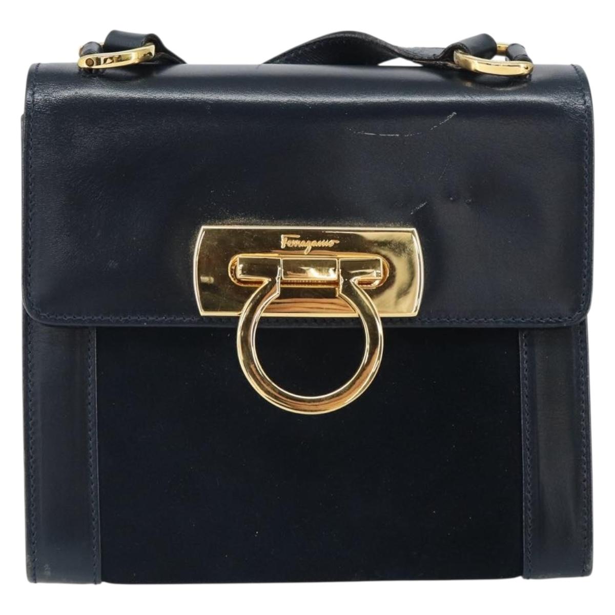Salvatore Ferragamo Gancini Shoulder Bag Leather Navy Gold Auth 166375