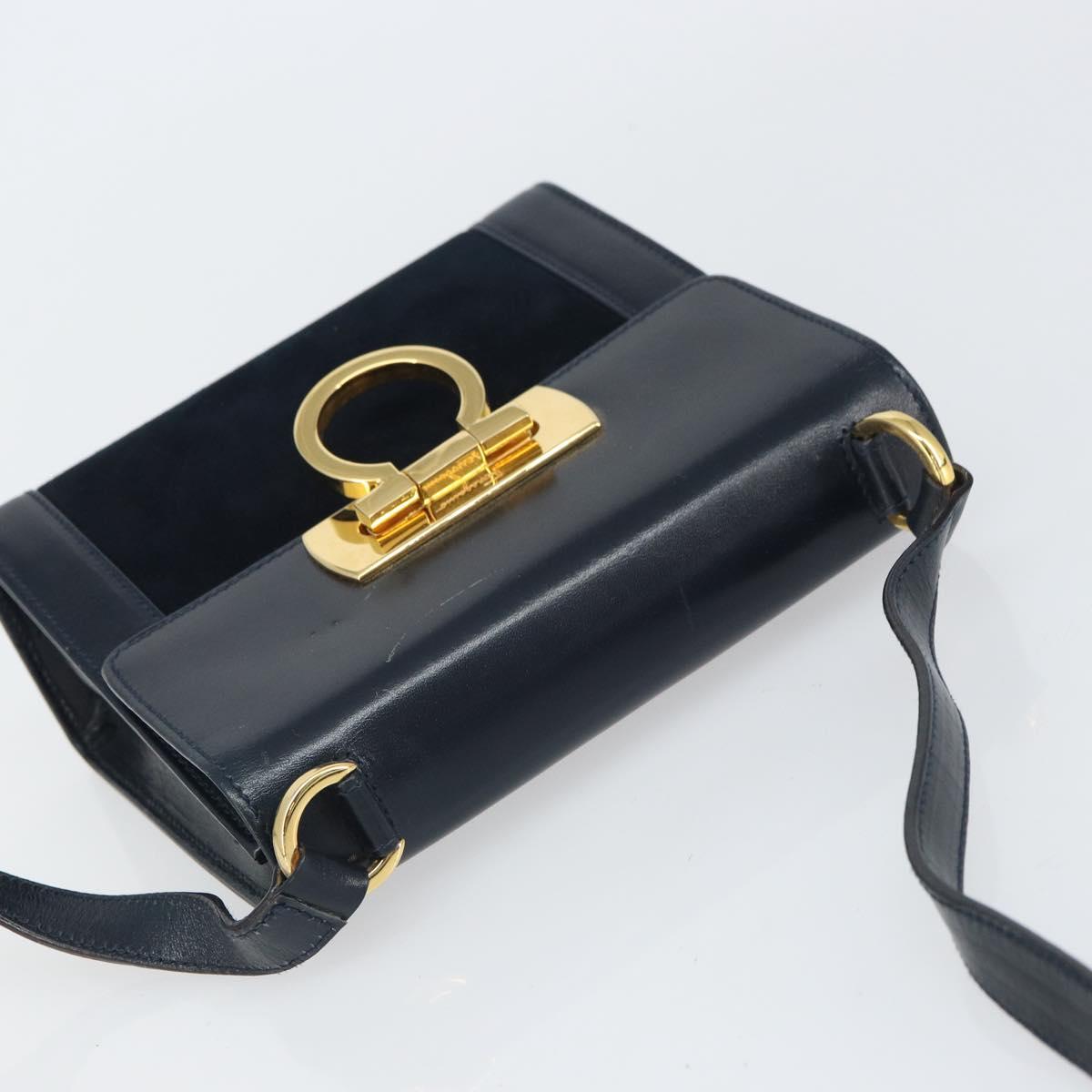 Salvatore Ferragamo Gancini Shoulder Bag Leather Navy Gold Auth 166375