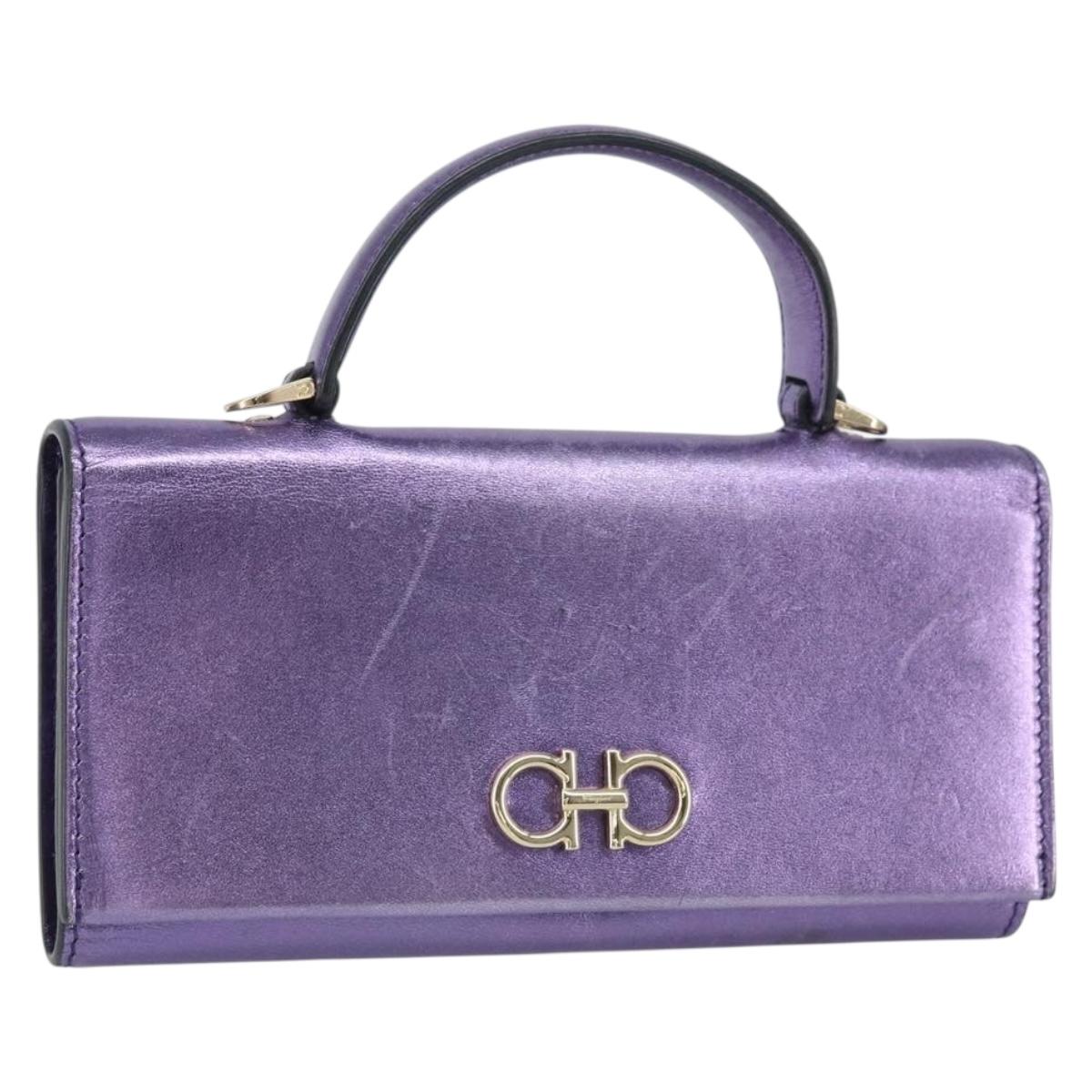 Salvatore Ferragamo Gancini Long Wallet Leather Purple Gold Auth 166383A