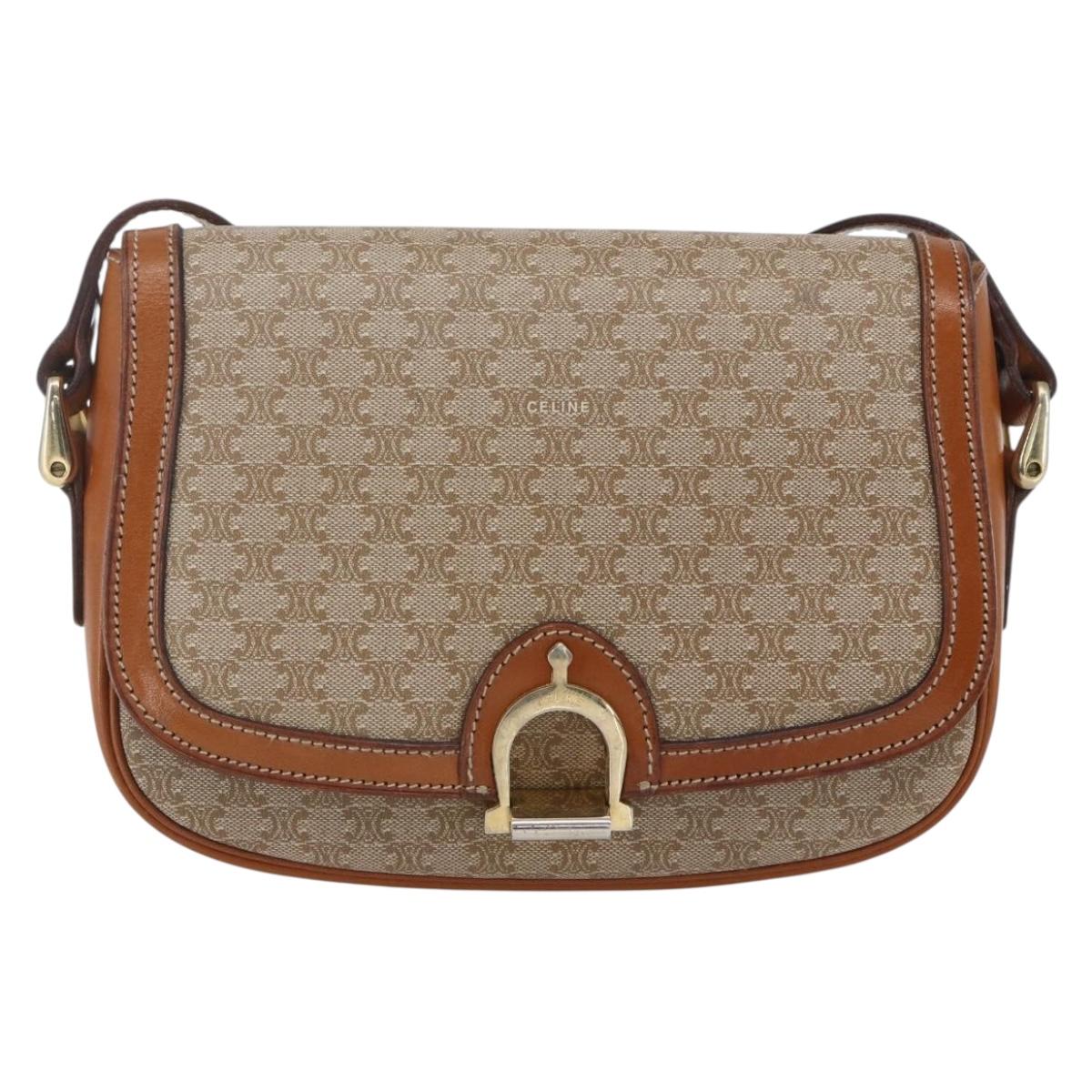 CELINE Macadam Canvas Shoulder Bag PVC Beige Gold Auth 166396