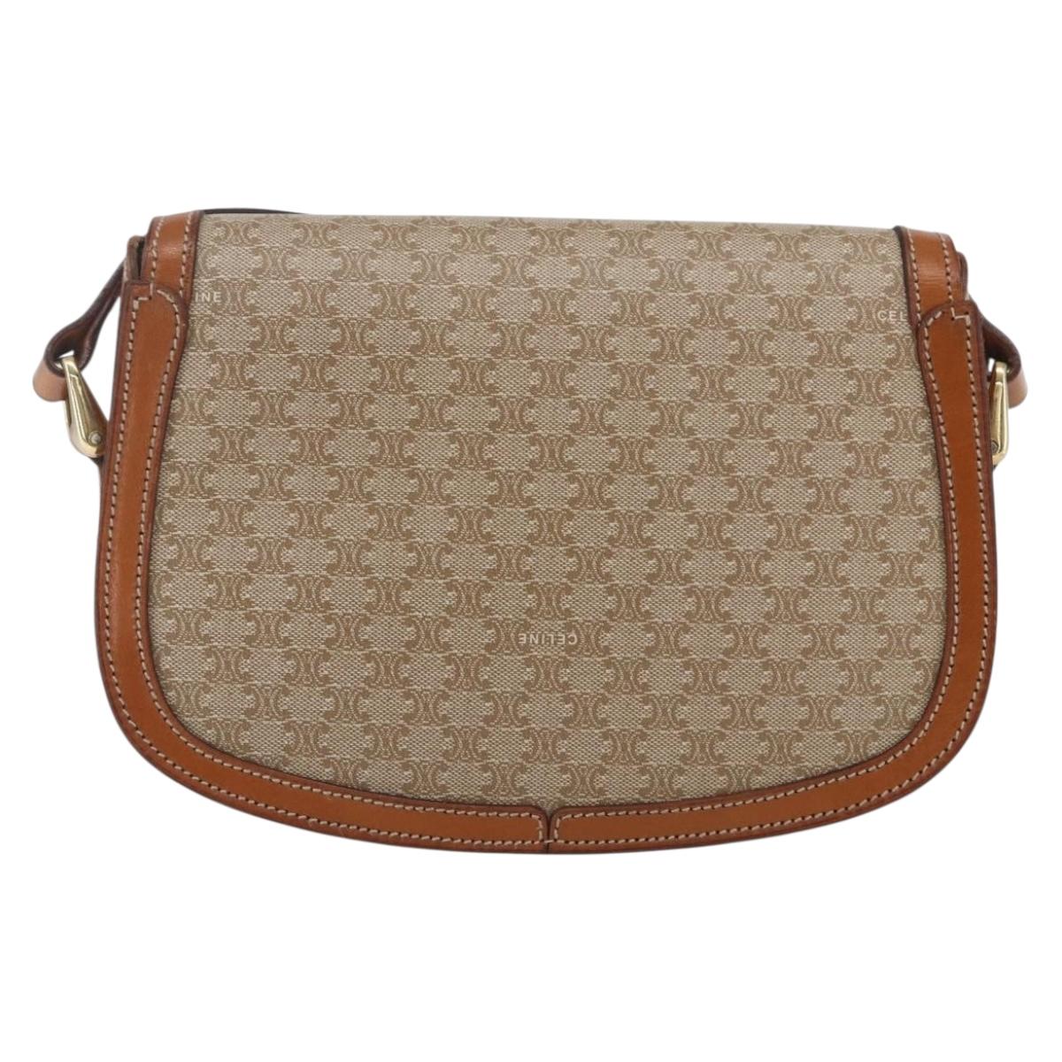CELINE Macadam Canvas Shoulder Bag PVC Beige Gold Auth 166396