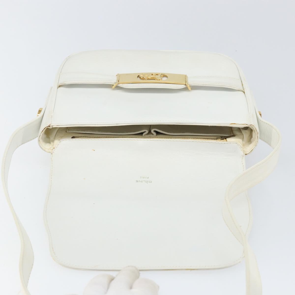 CELINE Horse Carriage Shoulder Bag Leather White Gold Auth 166400
