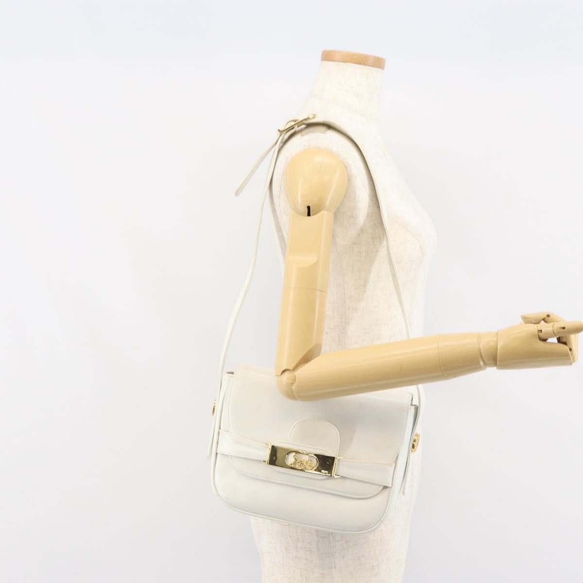 CELINE Horse Carriage Shoulder Bag Leather White Gold Auth 166400