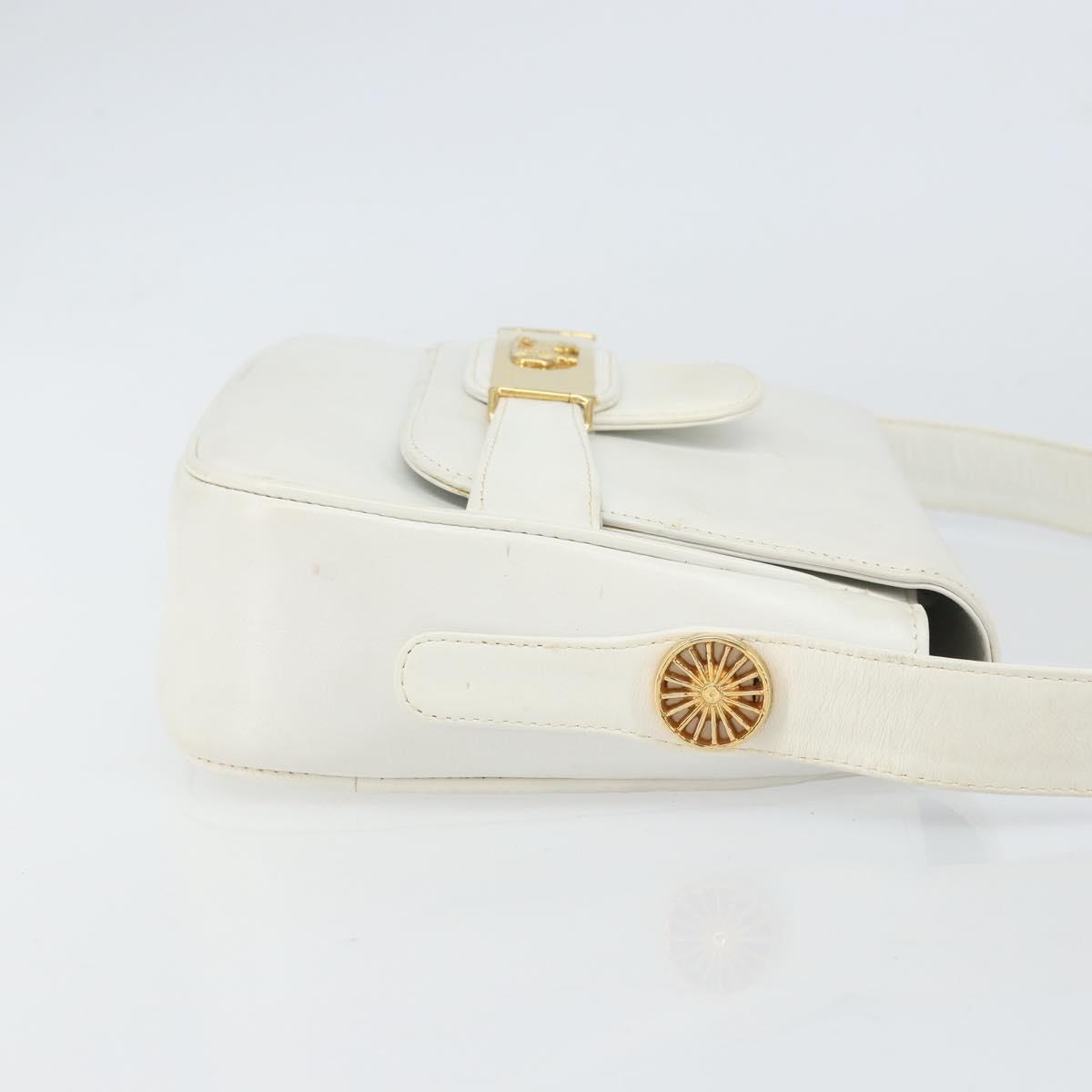 CELINE Horse Carriage Shoulder Bag Leather White Gold Auth 166400